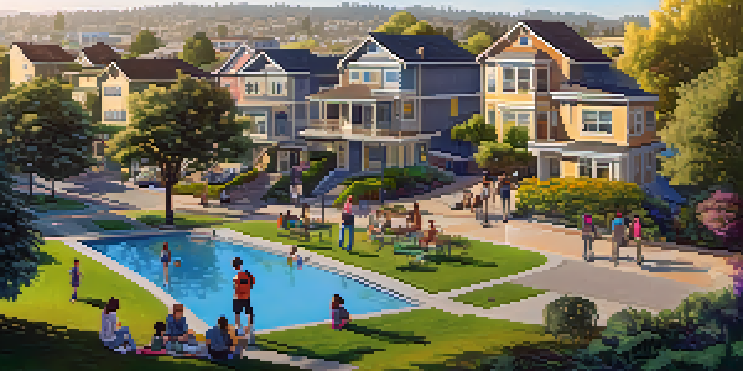 A scenic view of Redwood City with a mix of modern and residential buildings, bathed in warm sunlight during golden hour, with diverse people enjoying the parks.