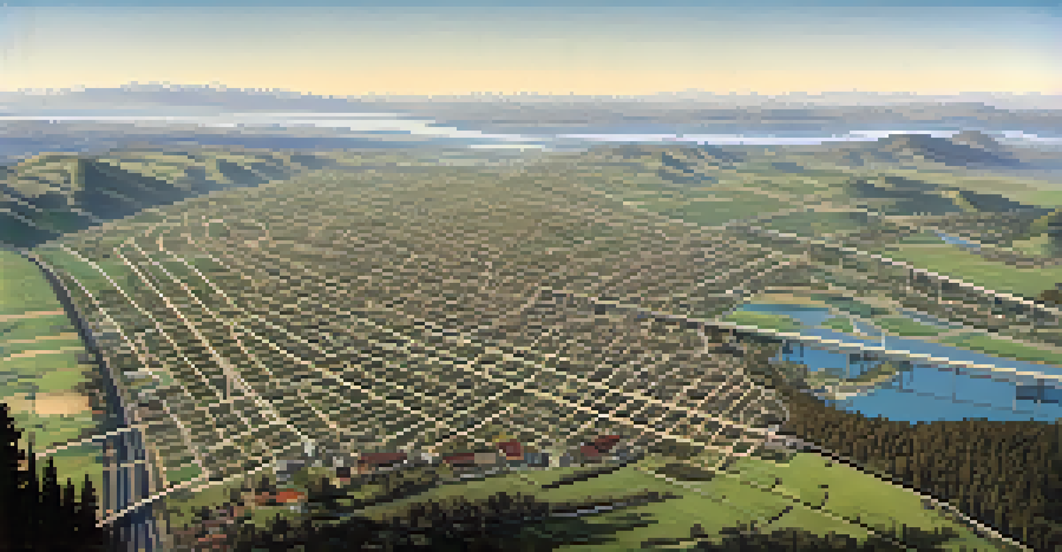 An aerial perspective of Redwood City in the late 19th century showing roads, shops, and farmland.