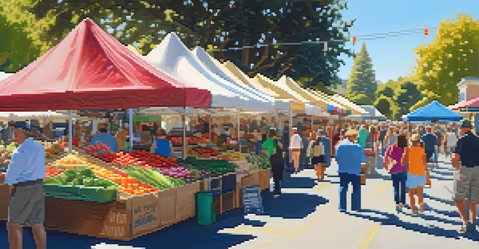 A lively farmers' market in Redwood City with colorful stalls of fresh produce and flowers, bustling with people on a sunny day.