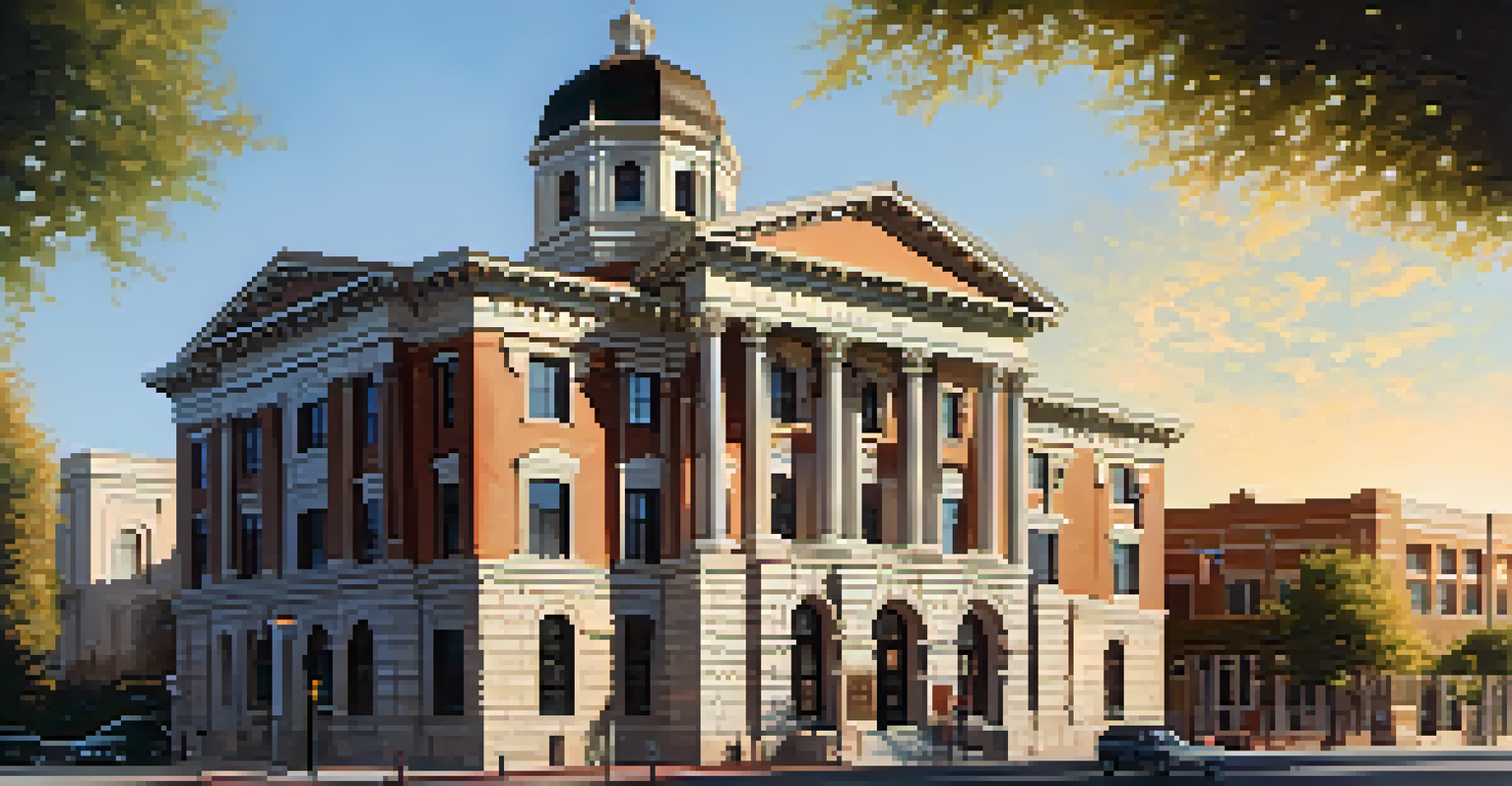 The historic Old Courthouse in Redwood City, showcasing its Romanesque architecture and clock tower during golden hour.