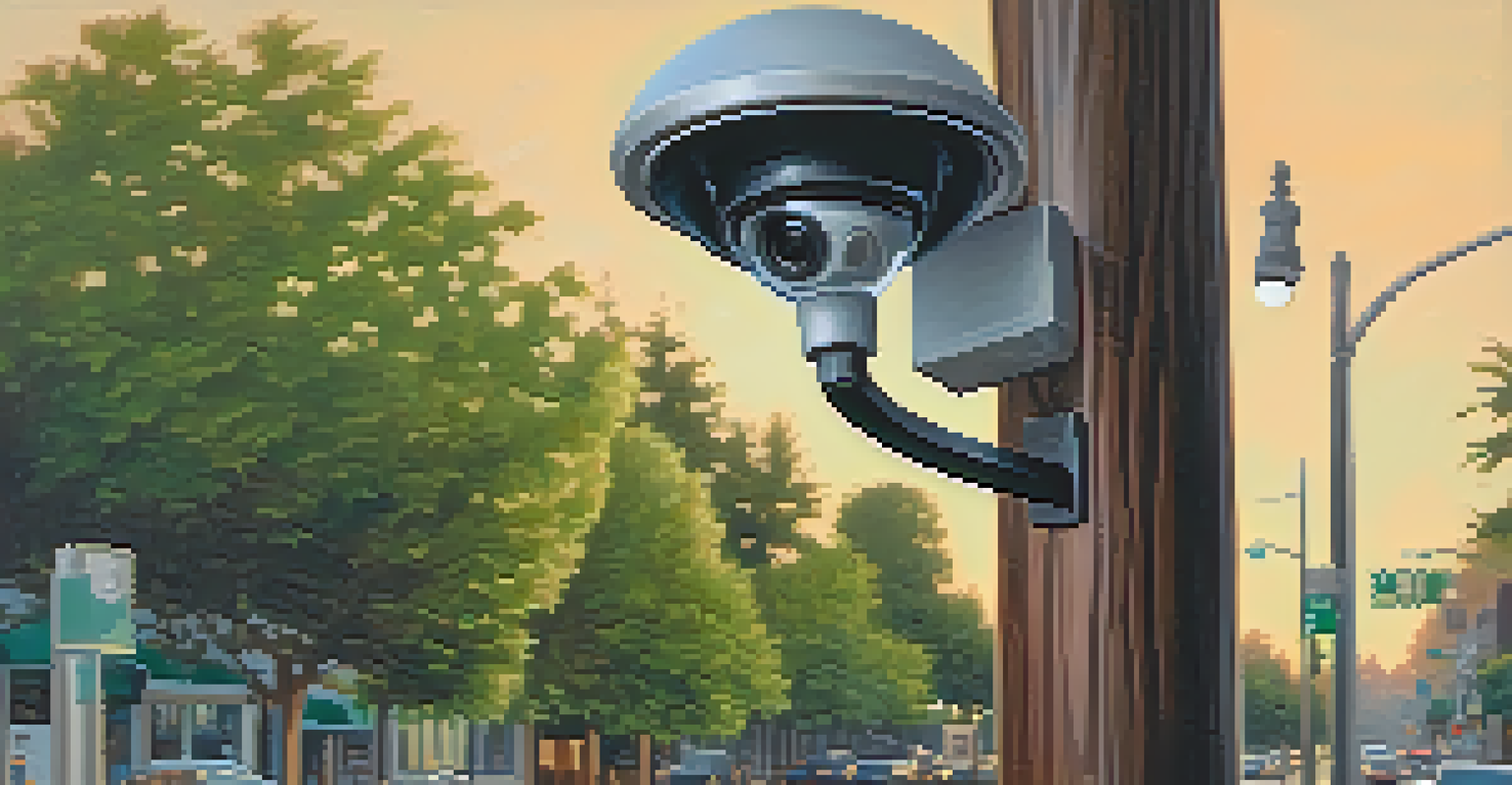 Close-up of a modern surveillance camera on a lamp post with greenery and buildings in the background, highlighting technology in an urban environment.