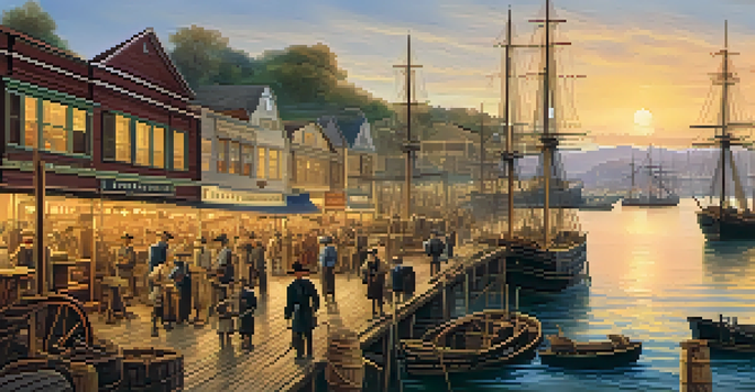 A historical scene depicting Redwood City during the Gold Rush with ships at the harbor and a lively marketplace.