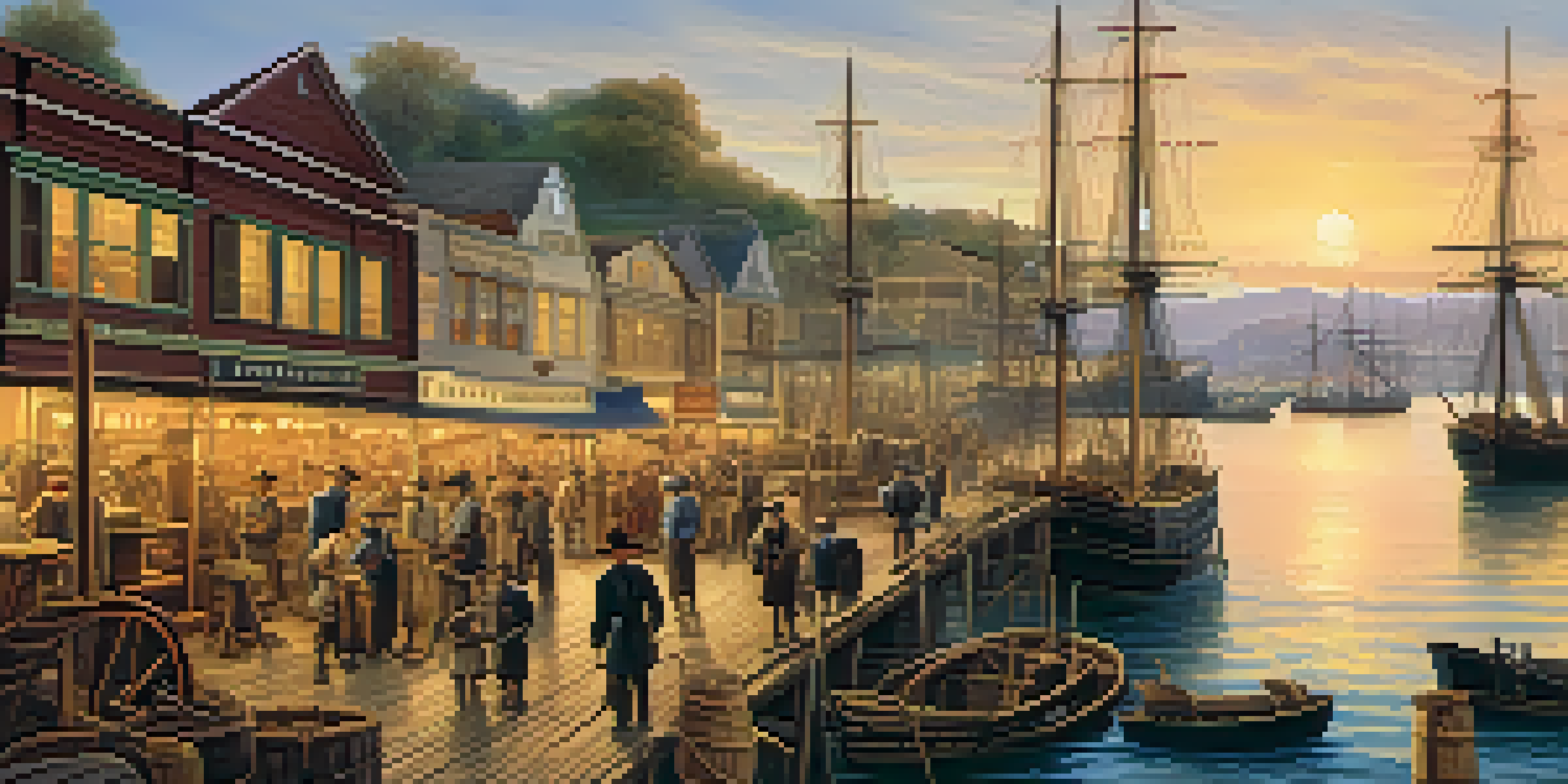 A historical scene depicting Redwood City during the Gold Rush with ships at the harbor and a lively marketplace.