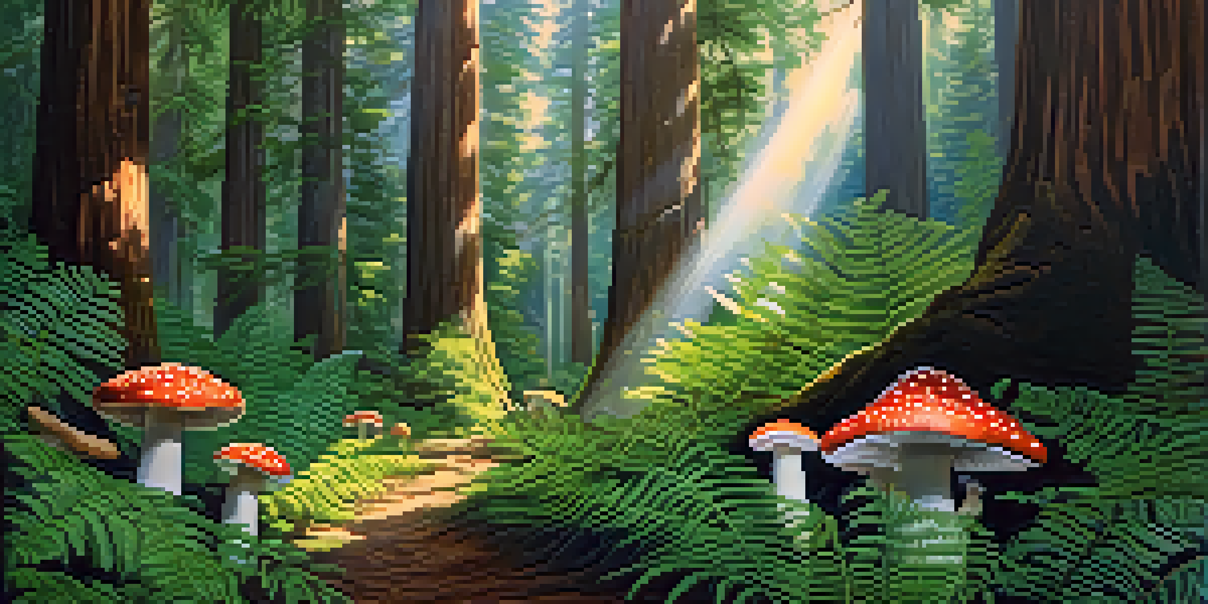 A tranquil redwood forest with tall trees, sunlight filtering through the leaves, and lush greenery on the ground.