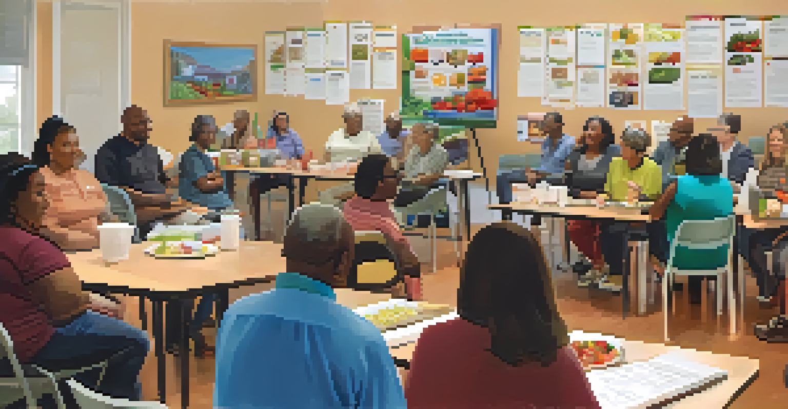Residents attending a nutrition workshop in a community center, with a speaker and informative posters.