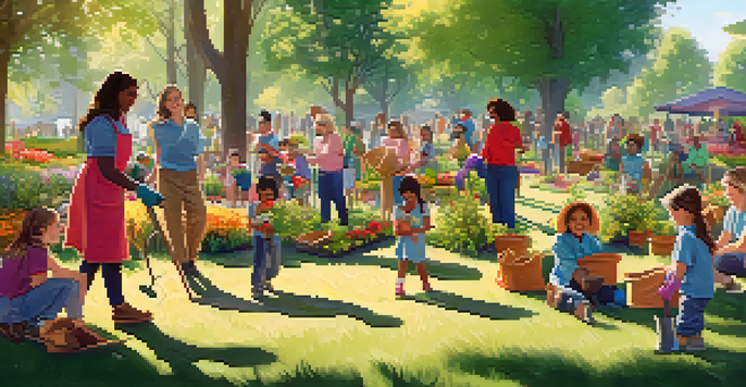 A diverse group of people participating in a tree planting event in a sunny park, surrounded by greenery and flowers.