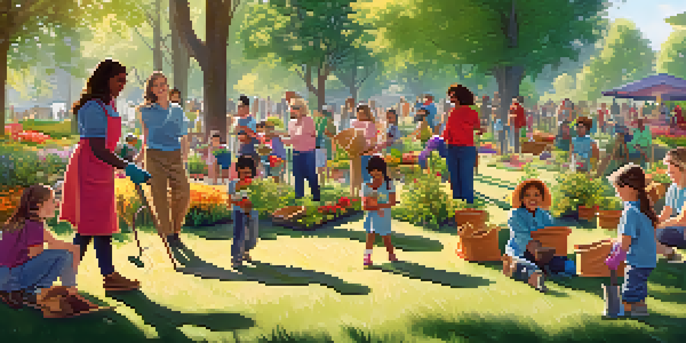 A diverse group of people participating in a tree planting event in a sunny park, surrounded by greenery and flowers.