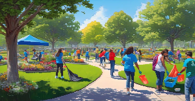 A community park filled with volunteers cleaning up, surrounded by greenery and colorful flowers under a clear blue sky.
