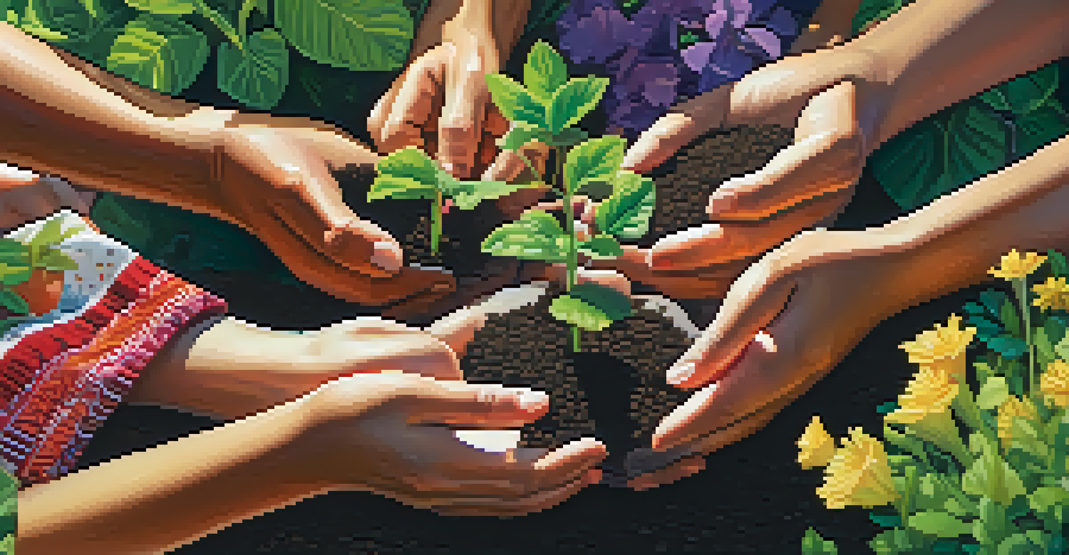 Hands of various individuals planting seeds in a community garden, representing collaboration and empowerment.