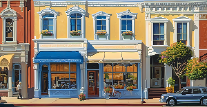 A scenic street in Redwood City with historic buildings, flowers, and people enjoying the sunset.
