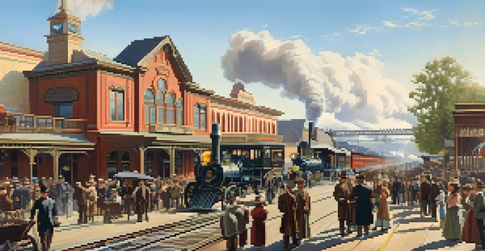 A historical railroad station in Redwood City filled with people in 1800s clothing, horse-drawn carriages, and steam locomotives under a clear blue sky.