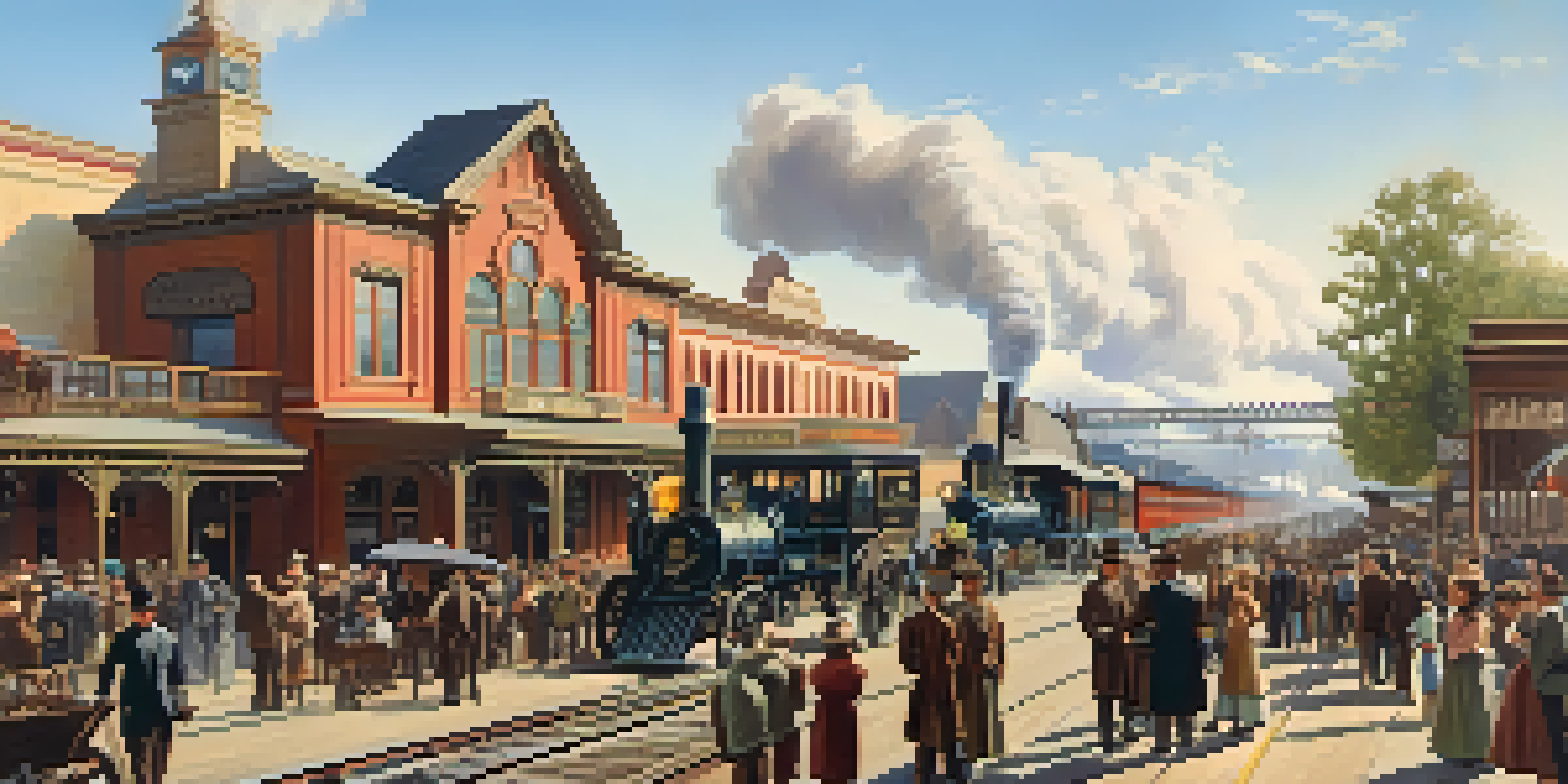 A historical railroad station in Redwood City filled with people in 1800s clothing, horse-drawn carriages, and steam locomotives under a clear blue sky.