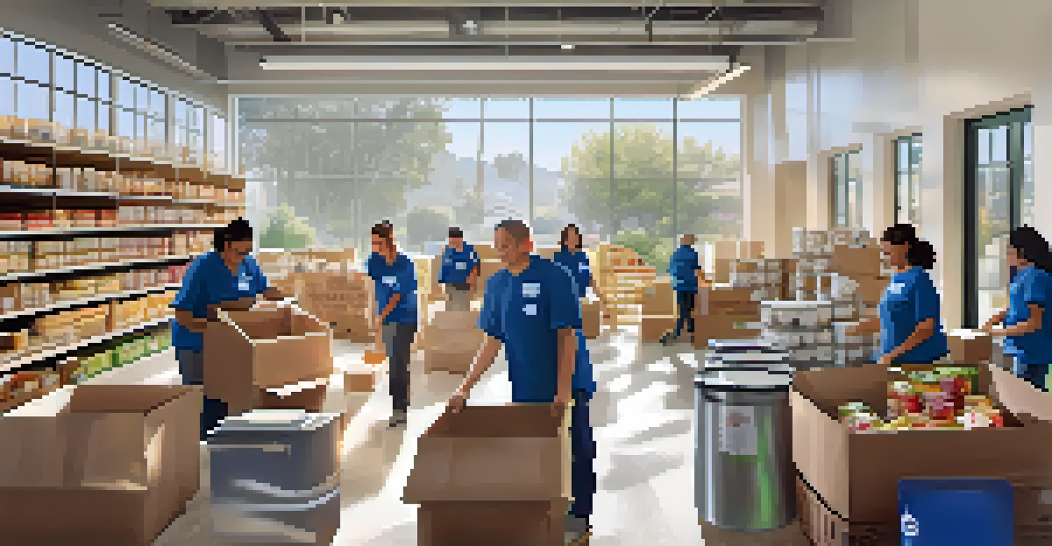 Volunteers working together in a food bank, sorting food items in a bright and welcoming setting.