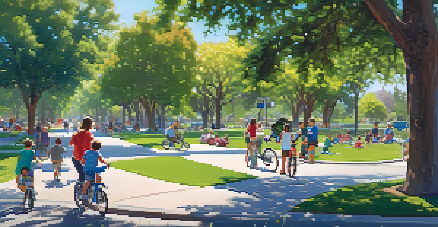 A sunny park in Redwood City filled with families, children playing, and people enjoying outdoor activities.