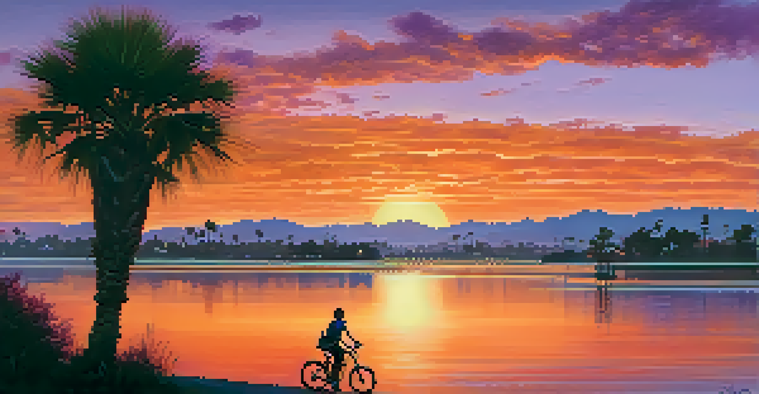 A beautiful sunset over the lagoon at Redwood Shores Loop, with cyclists enjoying the peaceful scenery.