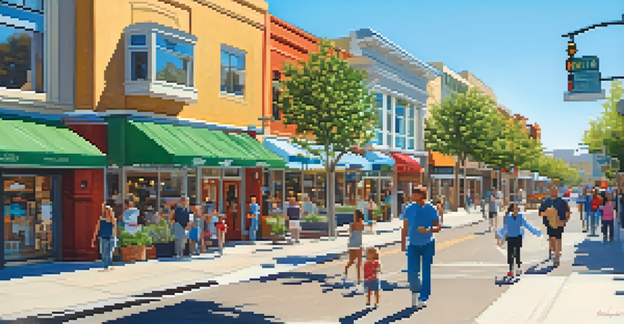A lively street in Redwood City featuring residential buildings and shops, with people walking and trees lining the street under a sunny sky.