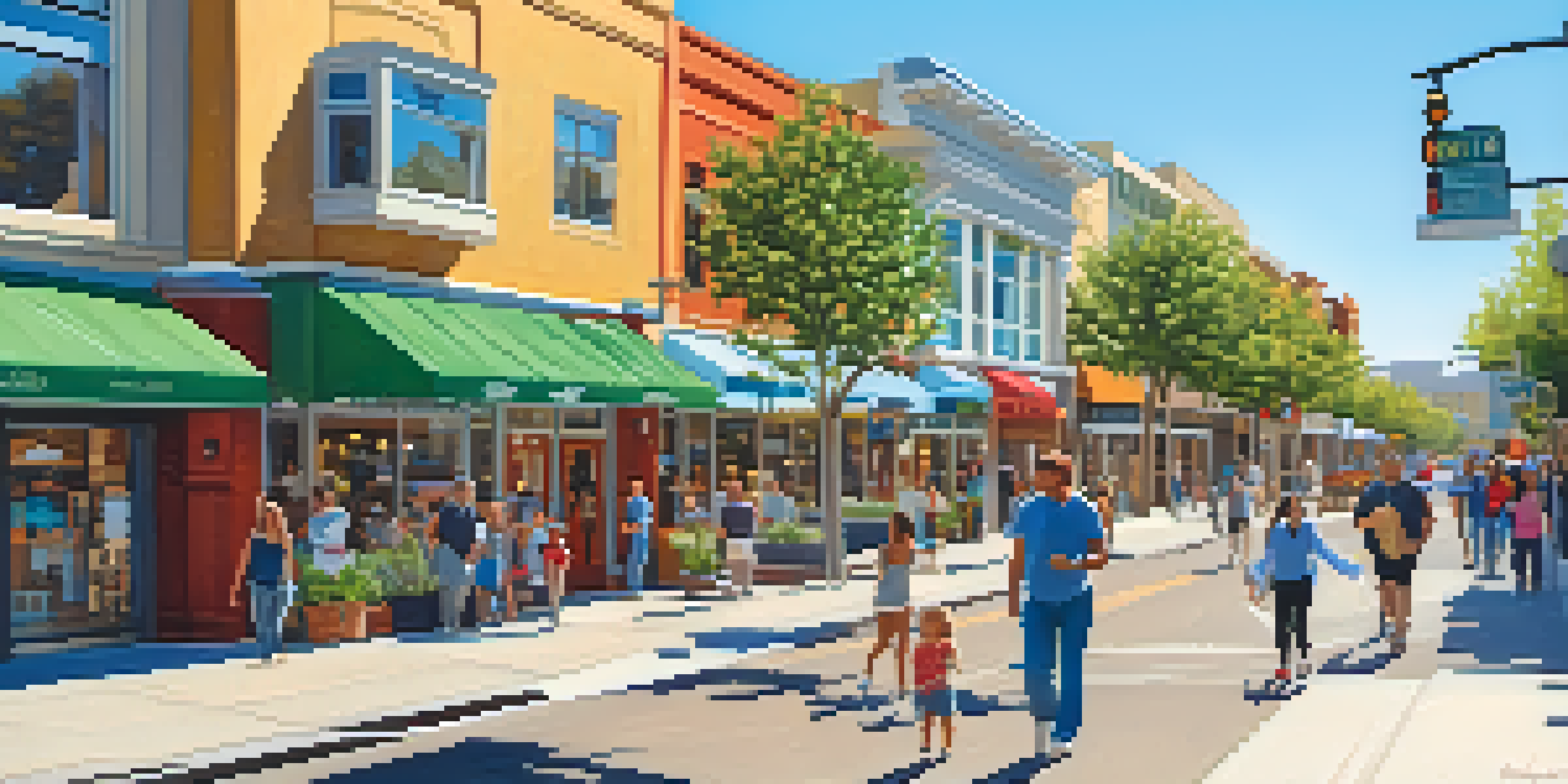 A lively street in Redwood City featuring residential buildings and shops, with people walking and trees lining the street under a sunny sky.