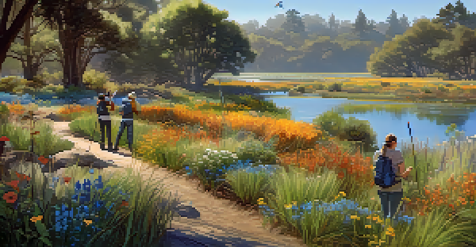 A picturesque wetland with native plants, volunteers planting, and birds flying in a clear sky.