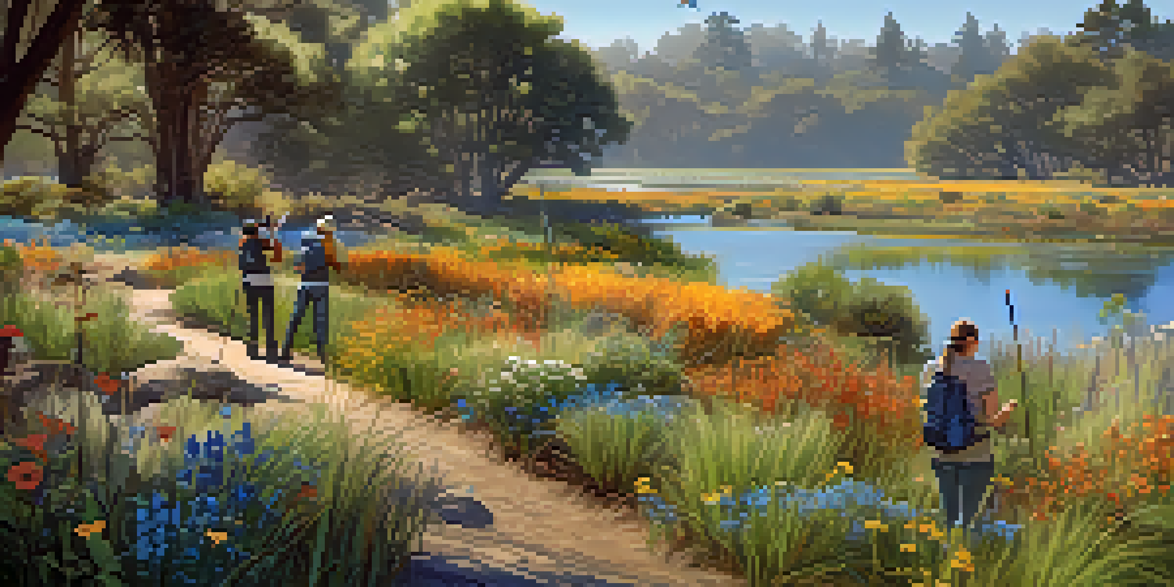 A picturesque wetland with native plants, volunteers planting, and birds flying in a clear sky.