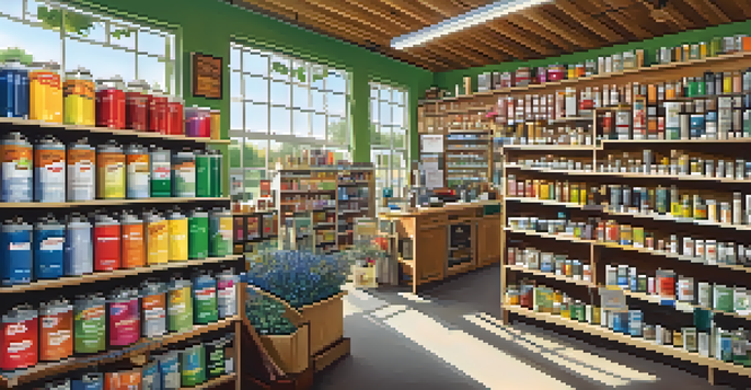Interior of a local hardware store filled with paint cans, tools, and gardening supplies, illuminated by natural light, with a staff member helping a customer.