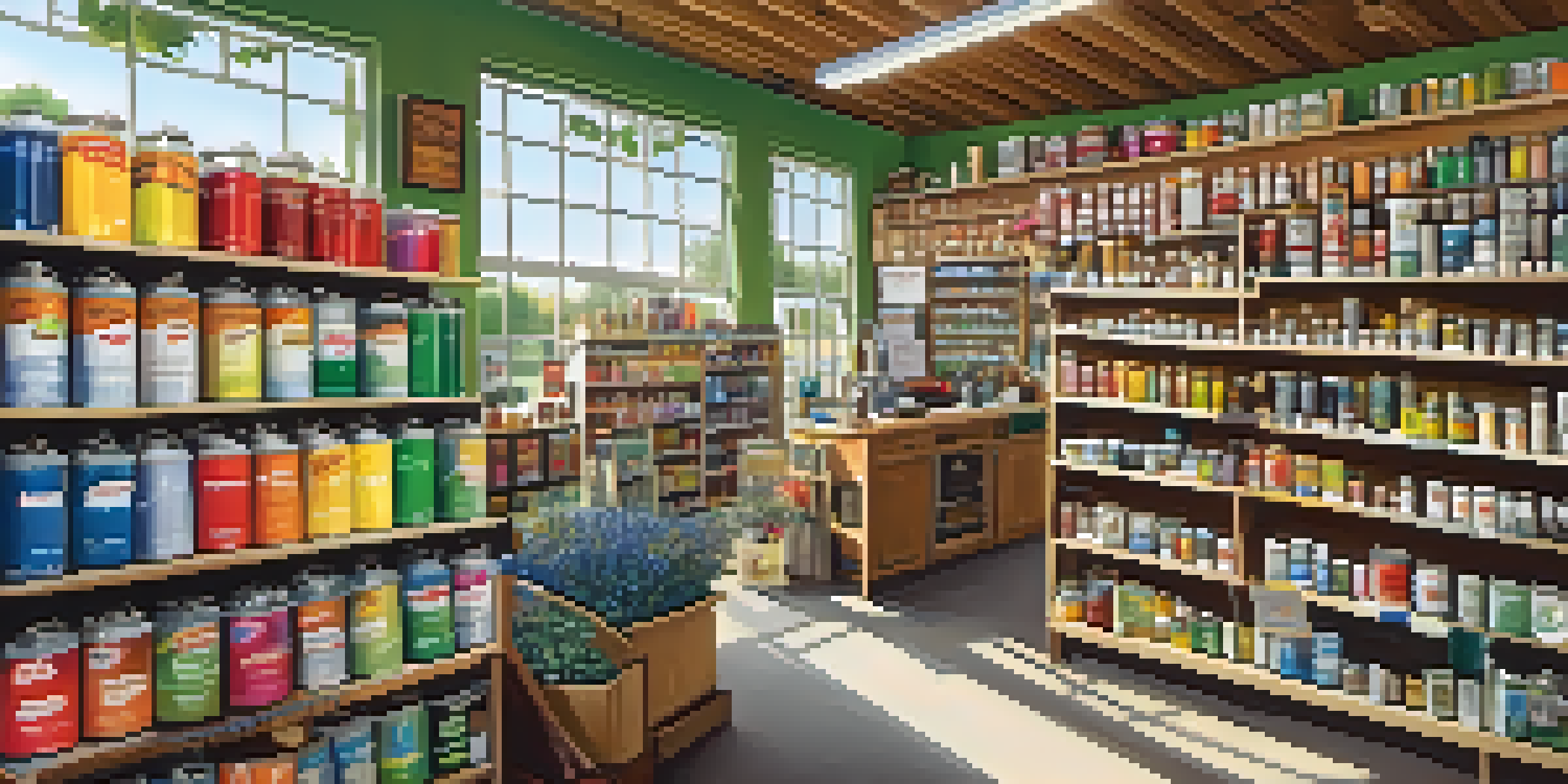 Interior of a local hardware store filled with paint cans, tools, and gardening supplies, illuminated by natural light, with a staff member helping a customer.