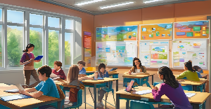 A bright classroom where students use technology like tablets and laptops while engaging with a teacher.