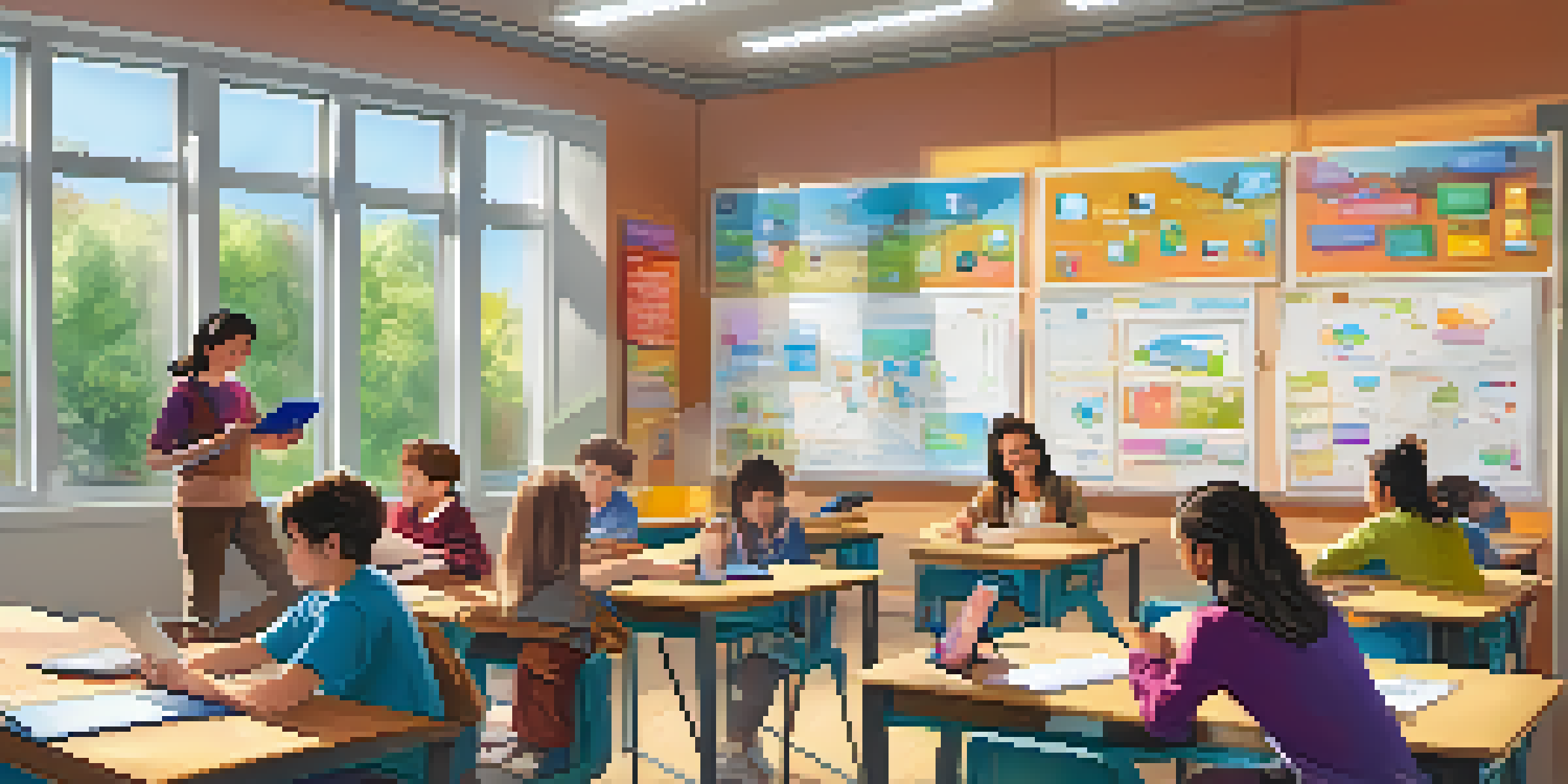 A bright classroom where students use technology like tablets and laptops while engaging with a teacher.