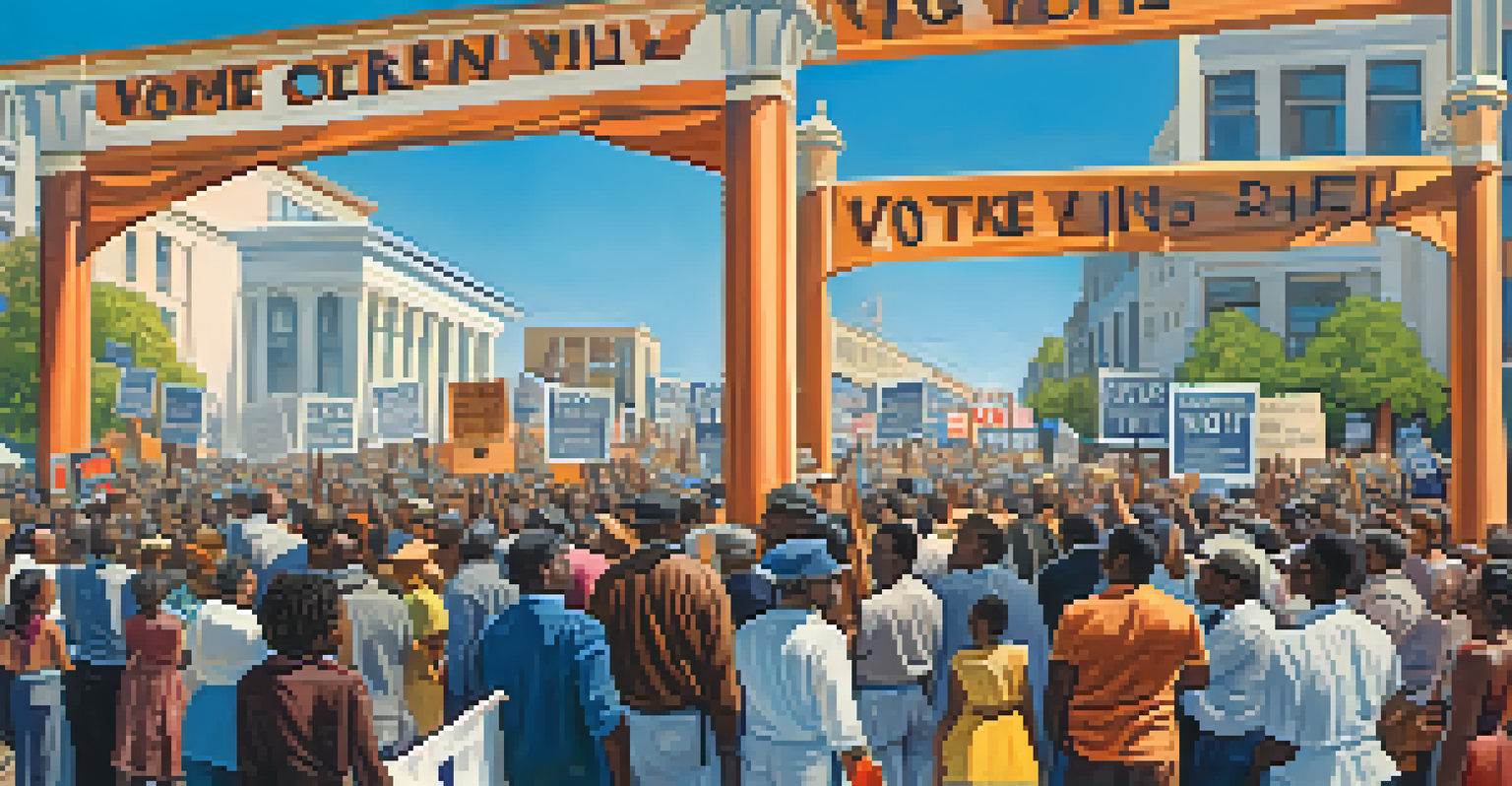 Activists rallying for voting rights in Redwood City during the Civil Rights Movement, with colorful signs and a historic backdrop.
