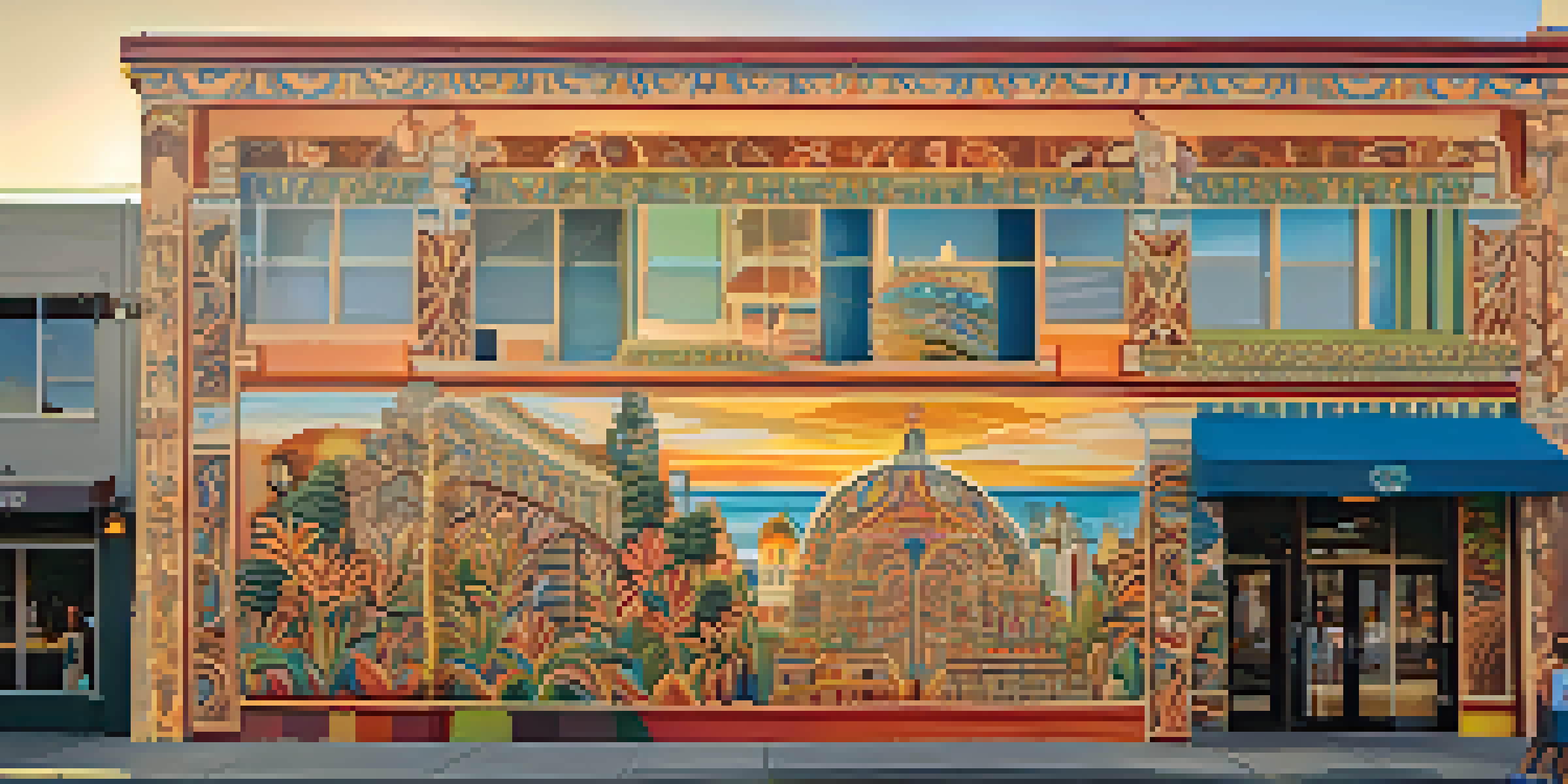 A colorful mural representing the multicultural heritage of Redwood City, illuminated by warm sunlight.