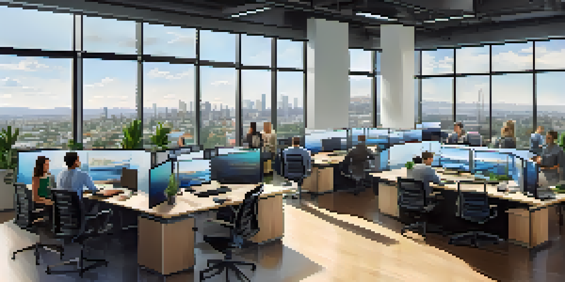 A modern tech office with diverse professionals collaborating around a meeting table, large windows showing the Redwood City skyline.