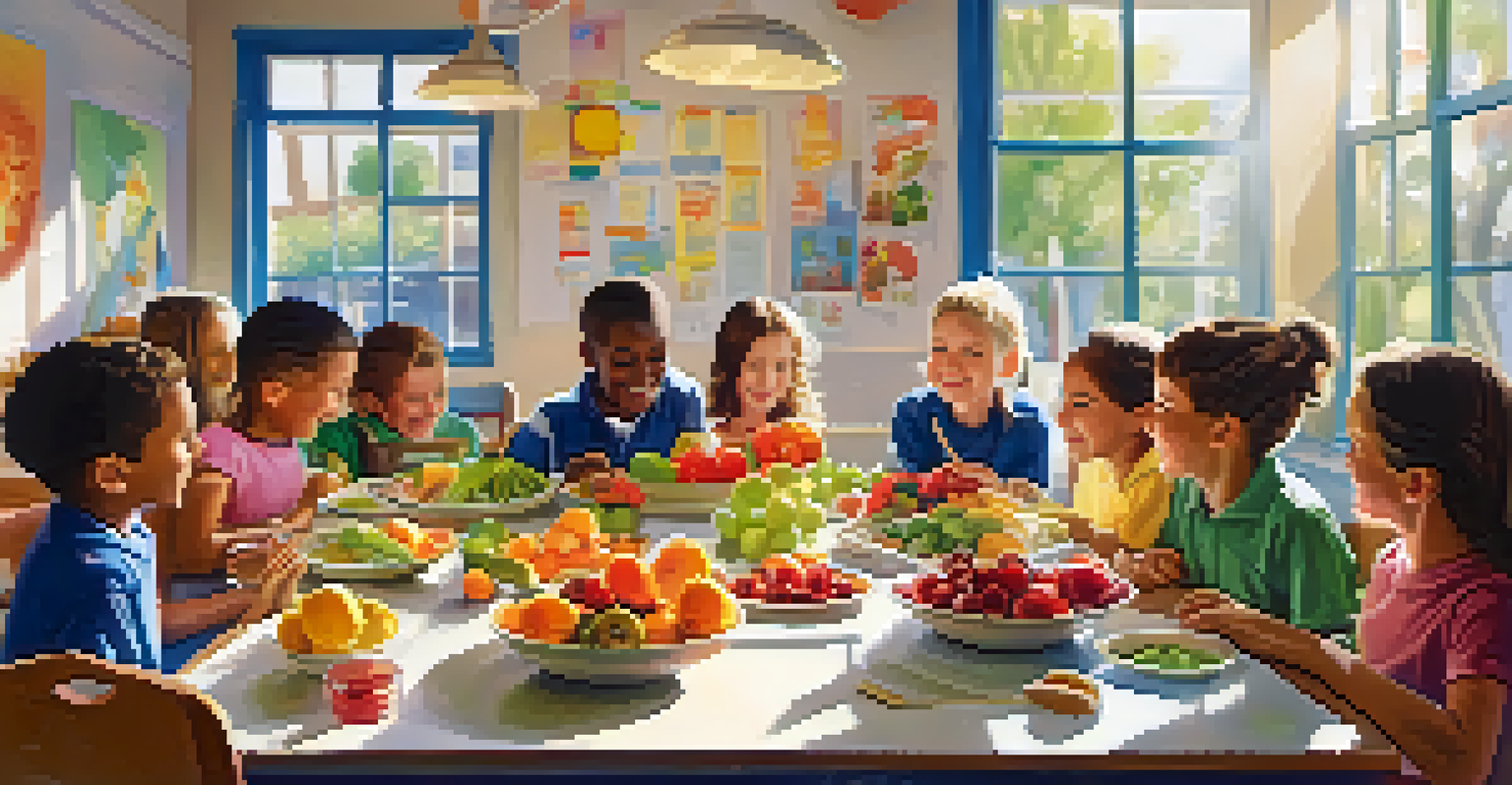 Children enjoying healthy meals together at lunch in a school cafeteria.