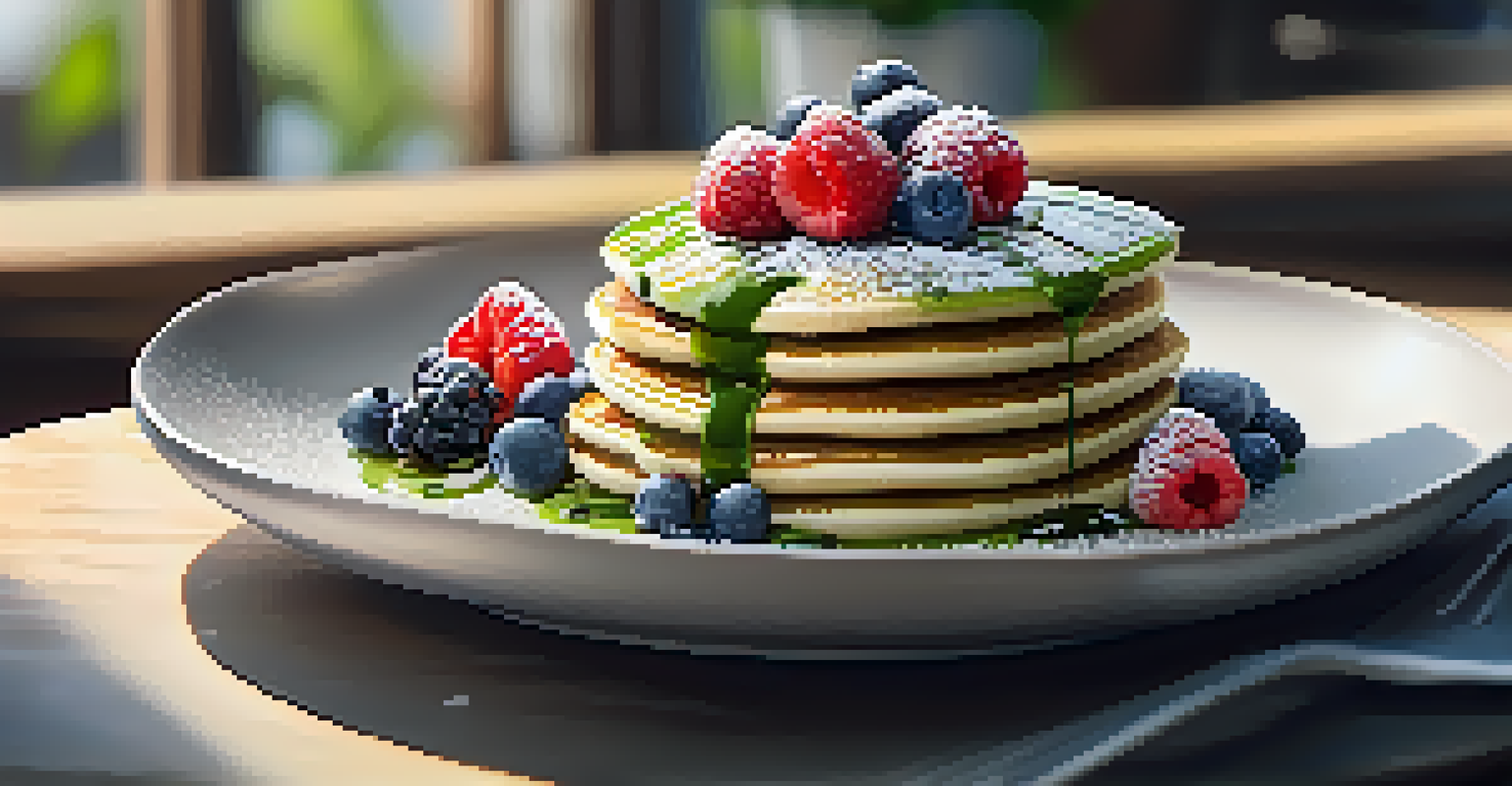 Matcha pancakes topped with berries and coconut syrup, served in a sunlit café setting.