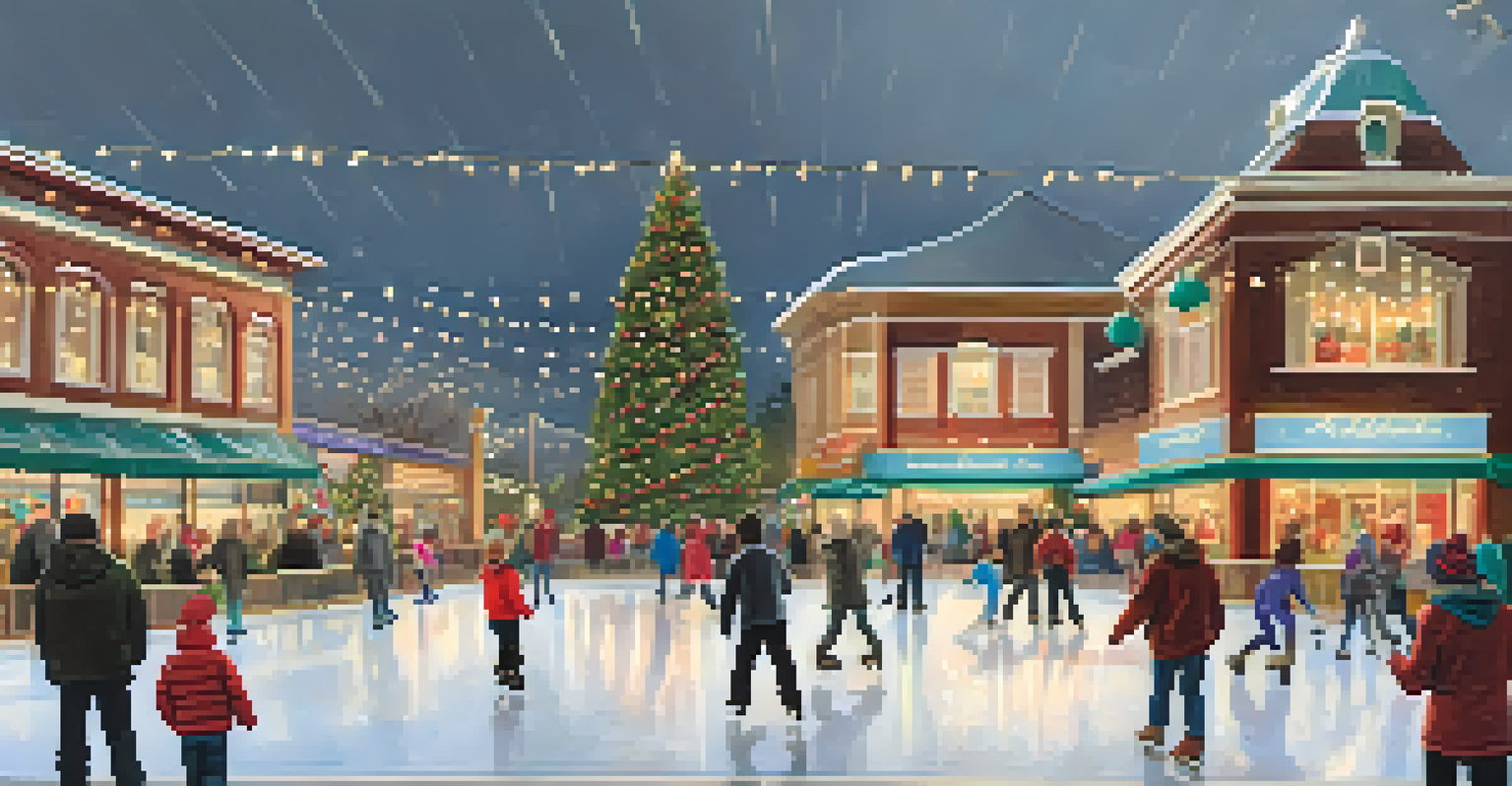 A lively winter ice skating rink in Redwood City, filled with people skating and enjoying hot cocoa, surrounded by festive decorations.