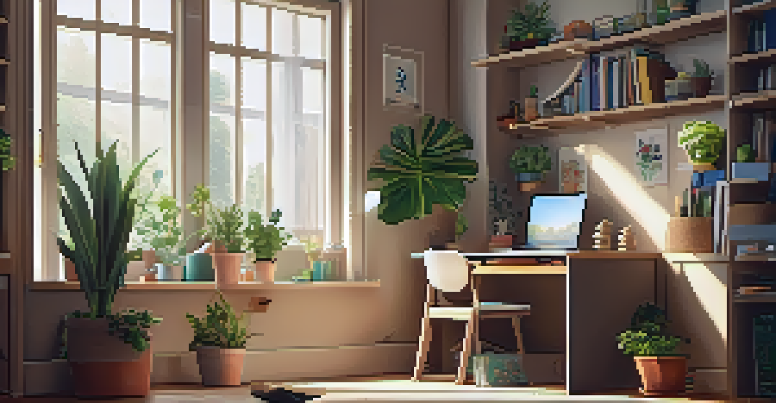 A cozy home study area with a child focused on e-learning at a desk filled with educational materials and plants.