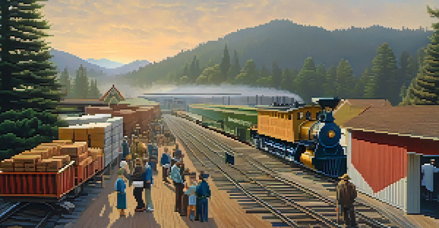 A depiction of a railroad station in Redwood City with people and goods, set against a backdrop of redwood trees and mountains.