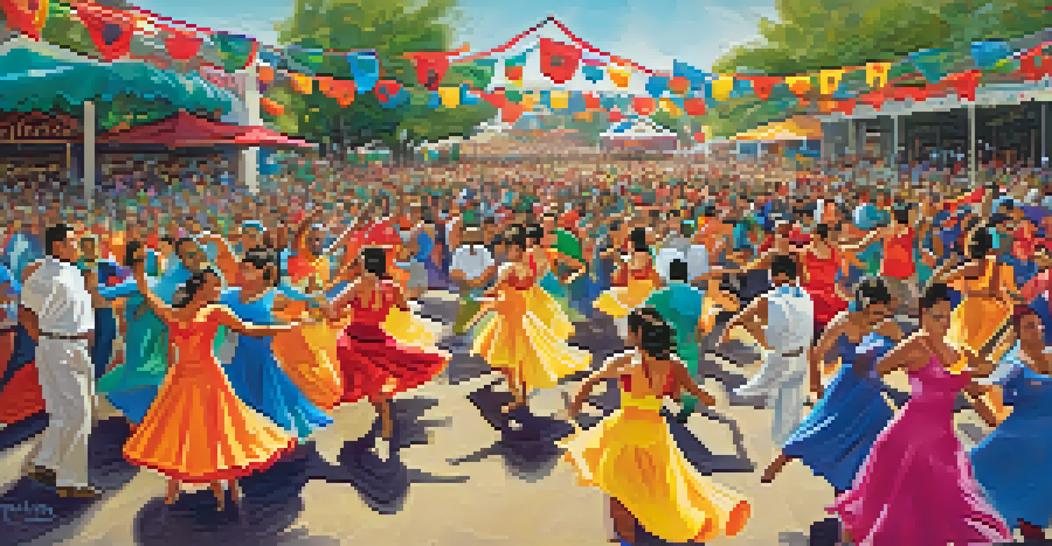 Dancers in traditional Latin attire perform at the Redwood City Salsa Festival, surrounded by vibrant decorations and an enthusiastic audience.