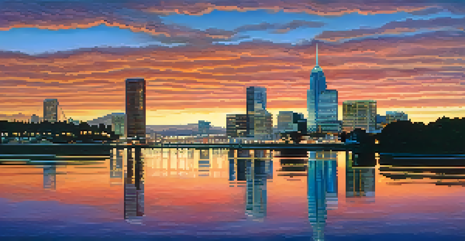 A sunset view of Redwood City's skyline with modern buildings silhouetted against a colorful sky, reflecting innovation.