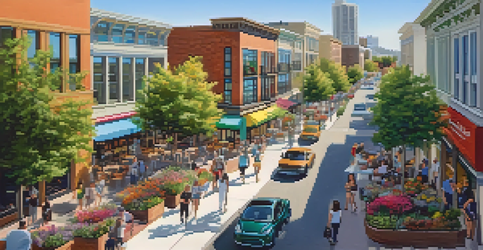 A bustling downtown area in Redwood City with modern buildings, outdoor cafes, and greenery.