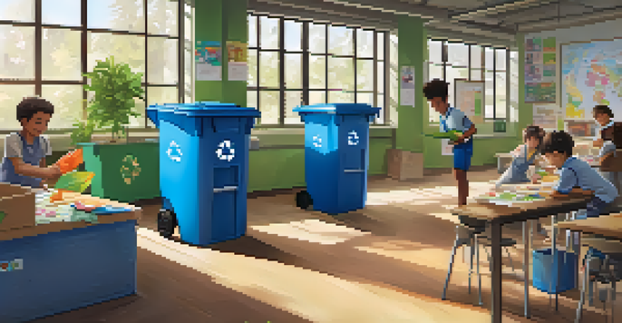 A classroom filled with students sorting waste into colorful recycling bins while sunlight shines through the windows.