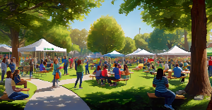 A community park in Redwood City filled with people participating in a mental health awareness event, with colorful banners and lush trees under warm sunlight.