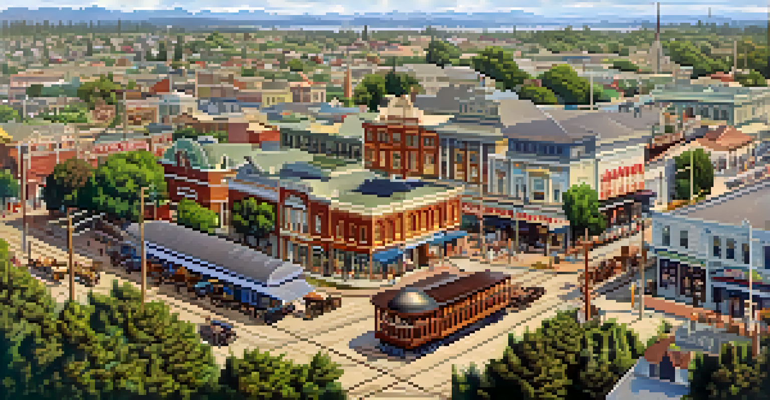 Aerial view of Redwood City in the early 20th century showing railroad tracks, carriages, and shops.