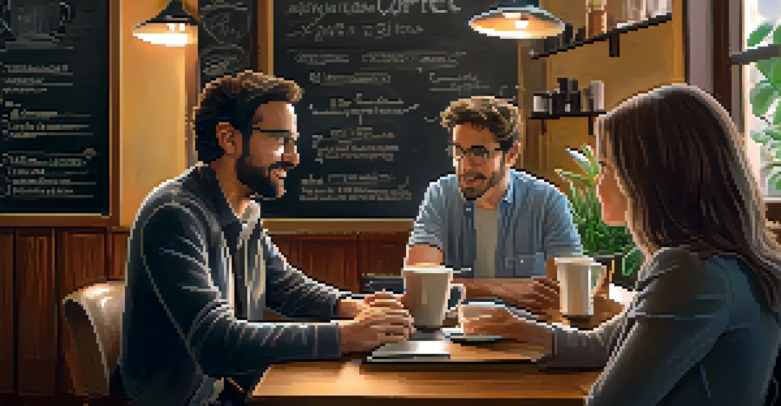 A startup founder and an investor having a coffee chat in a cozy café, with a warm ambiance and soft lighting.