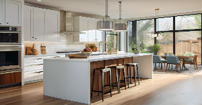 A modern kitchen with white cabinets, a large island, and natural light coming through the windows.
