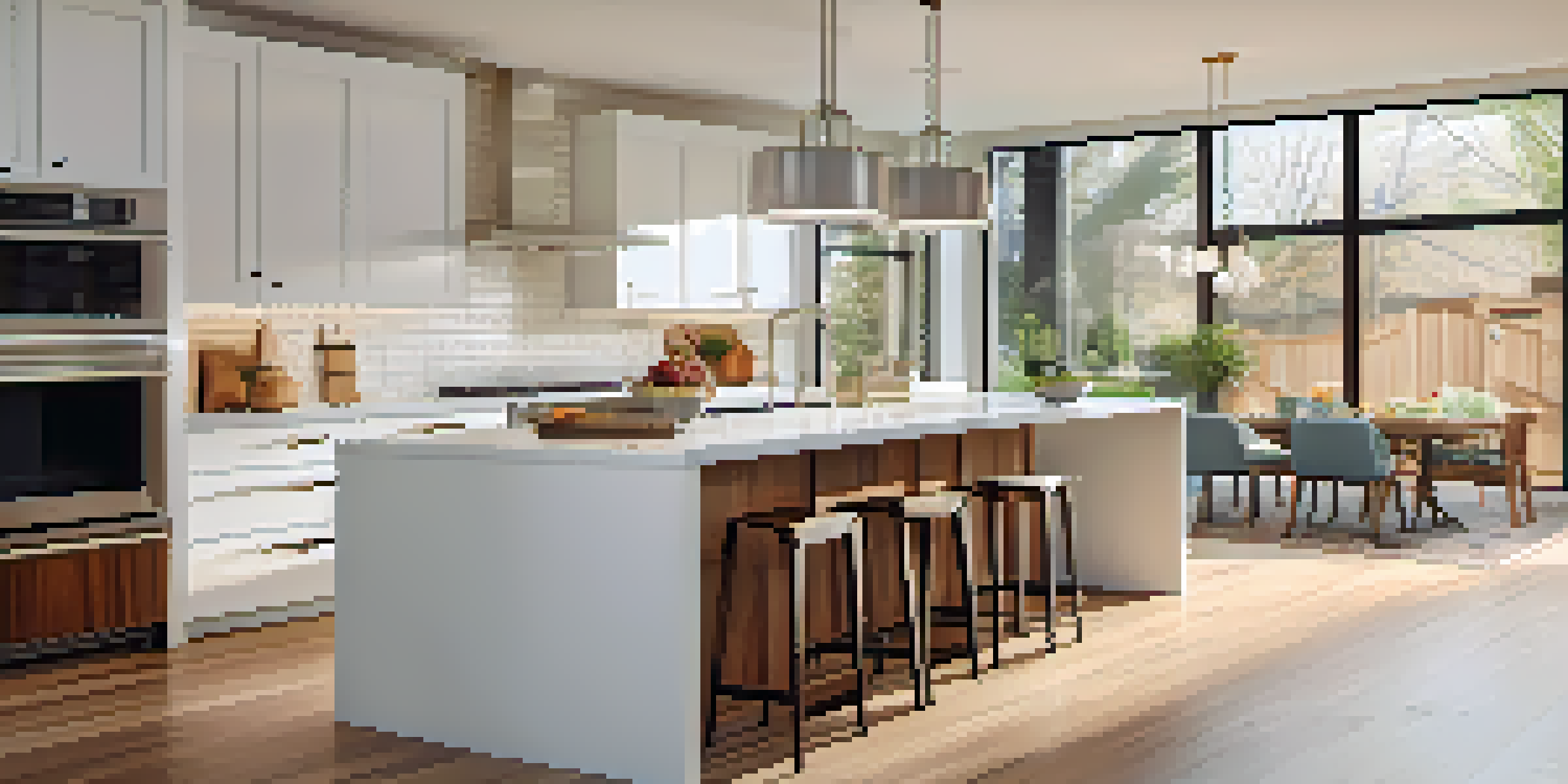 A modern kitchen with white cabinets, a large island, and natural light coming through the windows.