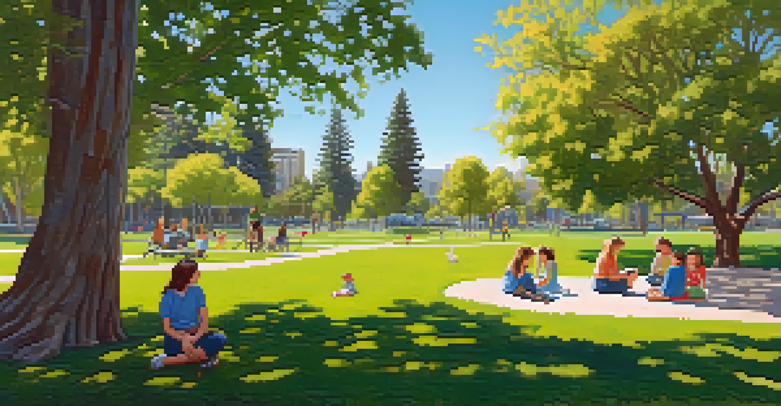An urban park in Redwood City with families having a picnic, children playing, and a beautiful landscape of trees and flowers.