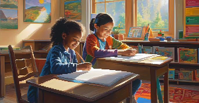 A parent assisting a child with homework in a bright and colorful classroom filled with educational materials.