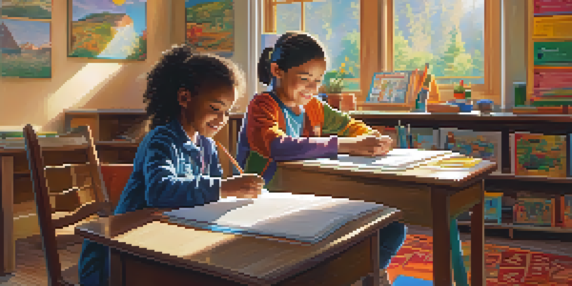 A parent assisting a child with homework in a bright and colorful classroom filled with educational materials.
