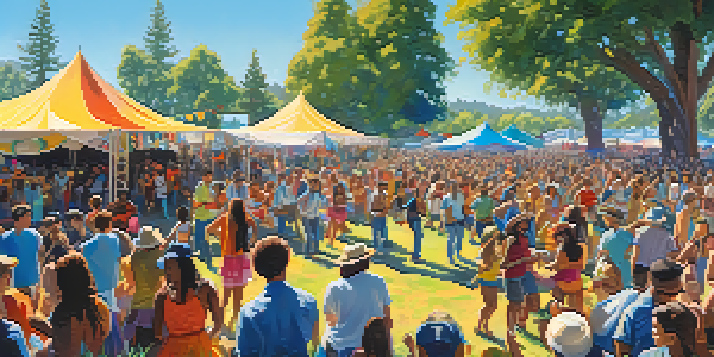 A lively outdoor music festival with musicians on stage, colorful tents, and people dancing under a clear blue sky.