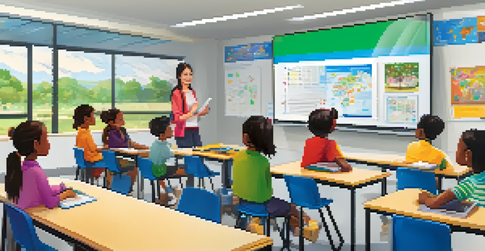 A vibrant classroom with a Smart Board at the front, where diverse students are collaborating on a group project, with a teacher assisting them.