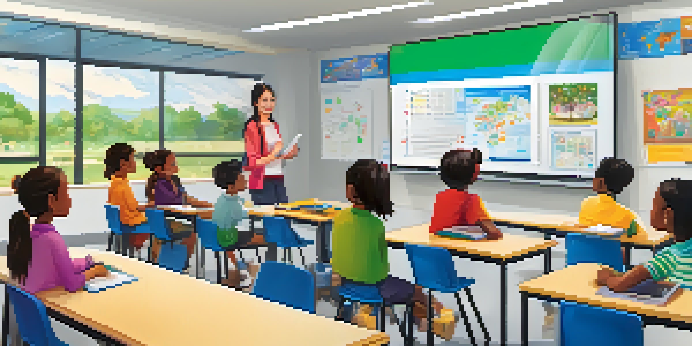 A vibrant classroom with a Smart Board at the front, where diverse students are collaborating on a group project, with a teacher assisting them.
